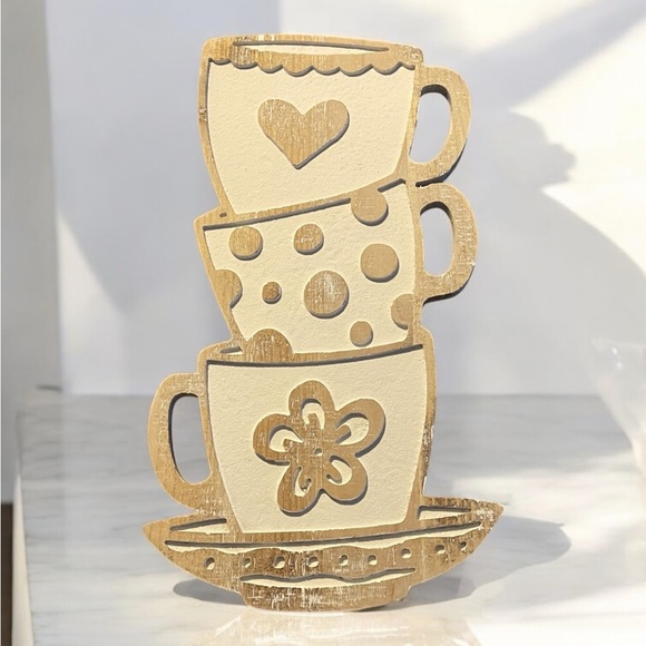 Toppling Teacups Etched Wooden Wall Hanging Plaque Heart Dots Flower Rustic - Picture 1 of 4